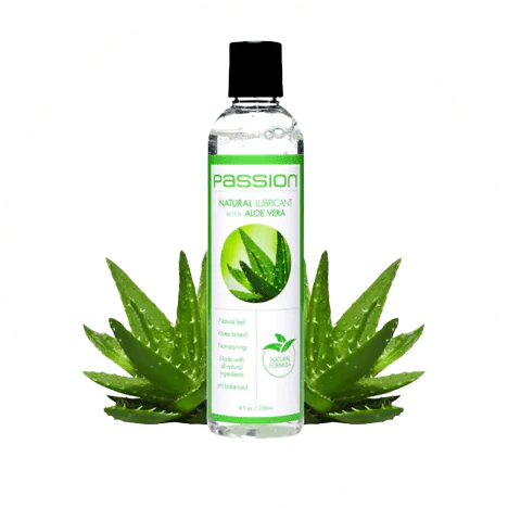Natural lubricant with aloe vera in a clear bottle