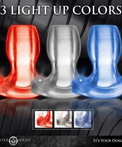 Three light-up products in red, clear, and blue colors displayed on a textured background.