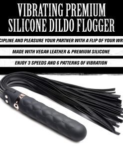 Vibrating premium silicone dildo flogger with a textured handle and multiple strands
