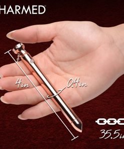 A hand holding a sleek, rose gold pen with measurements indicated.