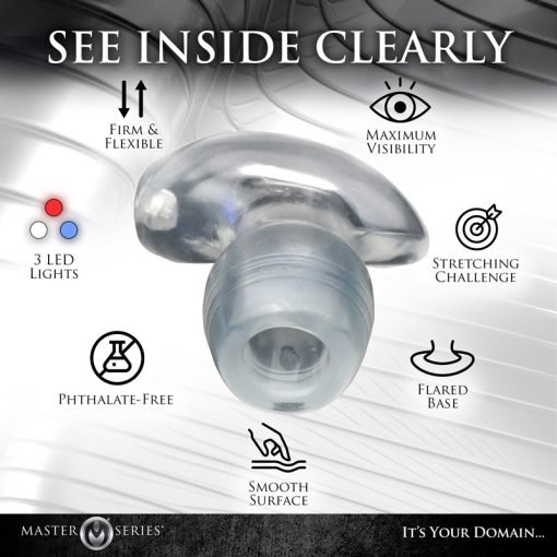 Detailed view of a clear, flexible product with LED lights and various features.