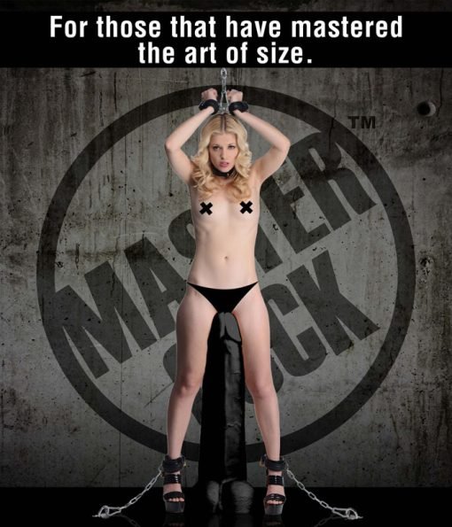 A woman in a provocative pose, showcasing bondage elements, with a bold graphic background.