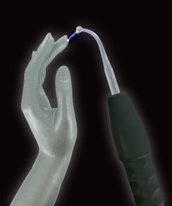 A transparent hand reaching toward a glowing electrode