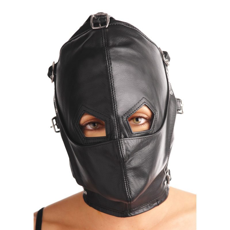 Asylum Leather Hood with Removable Blindfold and Muzzle- ML - Image 3