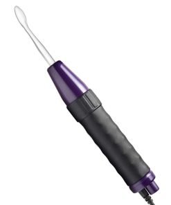 Close-up of a dental scaler tool with a black and purple handle.