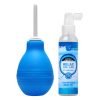 Blue enema bulb and relax anal lube spray gel for personal care.