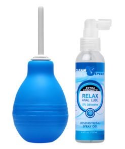 Blue enema bulb and relax anal lube spray gel for personal care.