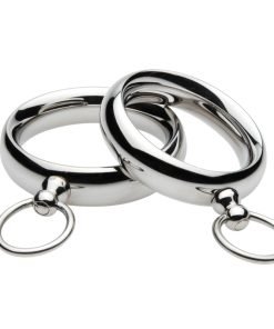 Two shiny metal rings with a connecting loop