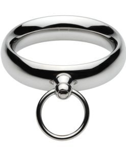 Shiny metal ring with a smaller ring attached, showcasing a sleek design.