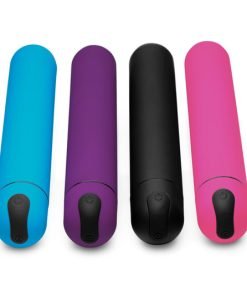 A collection of colorful cylindrical devices in blue, purple, black, and pink.