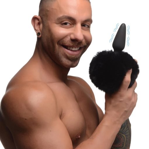 Large Vibrating Anal Plug with Interchangeable Bunny Tail - Black - Image 2