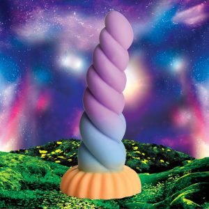 Colorful swirled sculpture against a cosmic background