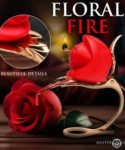 A decorative candle holder shaped like a rose with vibrant red petals and a golden base.