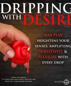 A hand holding a red candle with a flame, dripping wax, against a dark background.