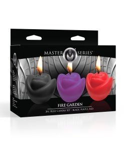Three rose-shaped candles in black, purple, and red, displayed in a decorative box.