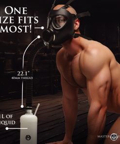 A person wearing a black gas mask with a hose, showcasing a liquid container.