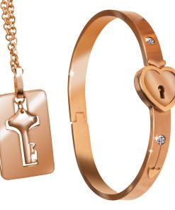Cuffed Locking Bracelet and Key Necklace - Rose Gold