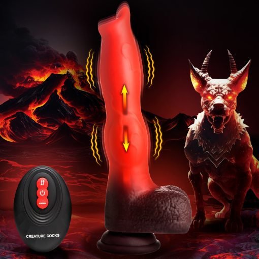 A red vibrating dildo with a textured base next to a remote control, set against a fiery volcanic background and a mythical creature.
