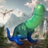 Colorful dinosaur-like creature in a prehistoric landscape