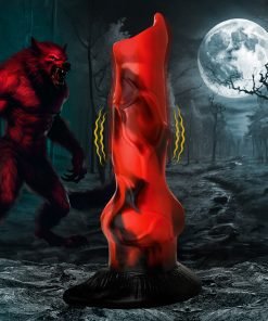 A striking red figure in a dark forest with a werewolf in the background