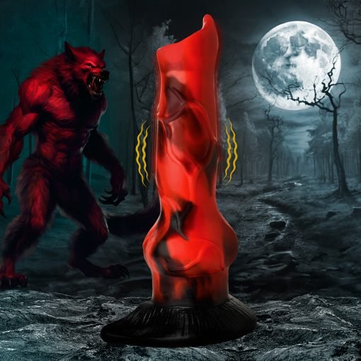 A striking red figure in a dark forest with a werewolf in the background