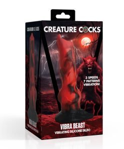 Vibrating silicone dildo called Vibra Beast in a dramatic packaging