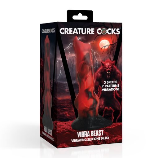 Vibrating silicone dildo called Vibra Beast in a dramatic packaging