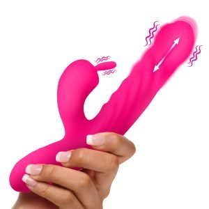 A pink vibrator held in a hand, showcasing its design and features.