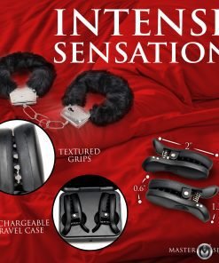 Furry handcuffs on a red satin background, showcasing textured grips and a travel case.