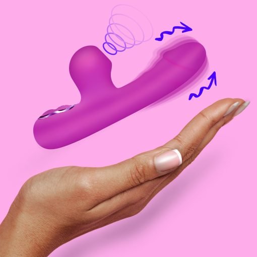 A hand holding a vibrant purple vibrator against a pink background.
