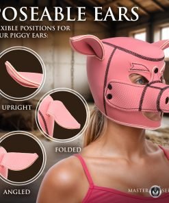 A playful pink pig mask with poseable ears, showcasing upright, folded, and angled ear positions.