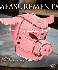 A pink pig-themed mask with measurement indicators.