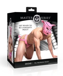 Packaging of a pig neoprene hood from Master Series featuring a muscular model