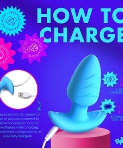 A blue charging device with USB connection instructions and charging time details.