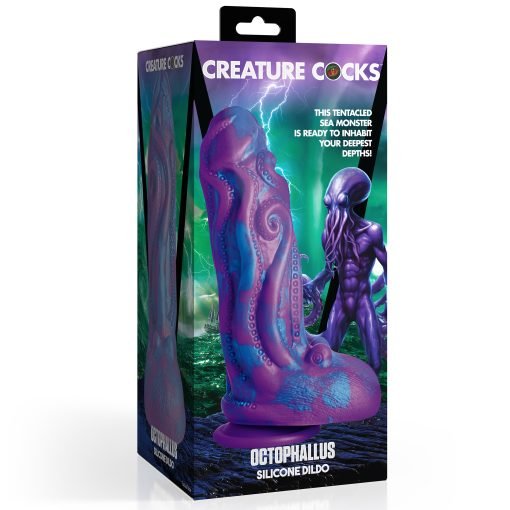 Colorful packaging of a tentacle-themed silicone dildo featuring an octopus design.