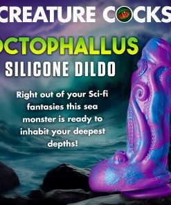 Colorful octopus-shaped silicone dildo against a dramatic ocean background