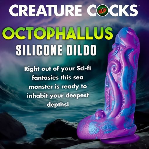 Colorful octopus-shaped silicone dildo against a dramatic ocean background