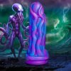 A surreal depiction of a purple octopus humanoid figure beside a colorful octopus-shaped object, set against a stormy ocean background.