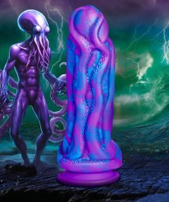 A surreal depiction of a purple octopus humanoid figure beside a colorful octopus-shaped object, set against a stormy ocean background.