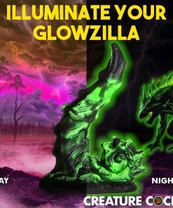 A vibrant illustration showcasing Glowzilla, with a split scene representing day and night.