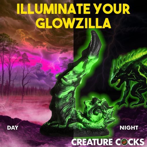 A vibrant illustration showcasing Glowzilla, with a split scene representing day and night.
