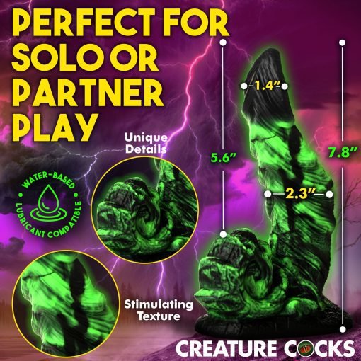 Vibrant green textured dildo designed for solo or partner use, featuring unique details and water-based lubricant compatibility.