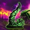 A glowing green creature emerging from the ground in a dramatic landscape.