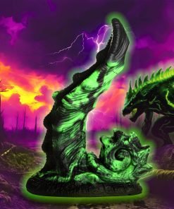 A glowing green creature emerging from the ground in a dramatic landscape.