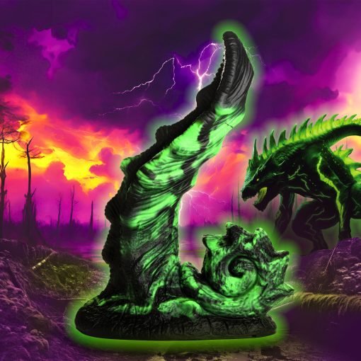 A glowing green creature emerging from the ground in a dramatic landscape.