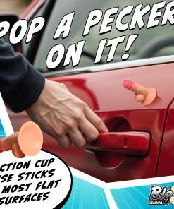 A hand reaching for a car door handle with a novelty suction cup attached to the car.