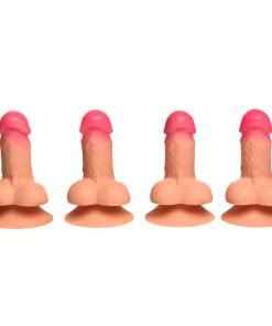 Four realistic silicone dildos with pink tips on a white background