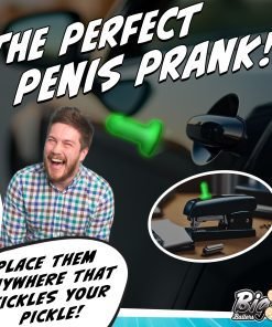 A man laughing joyfully next to a car with a green novelty prank item on it