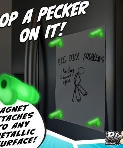 Magnetic novelty pecker-shaped clips holding a humorous note on a refrigerator.