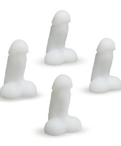 Four white silicone novelty items shaped like phalluses